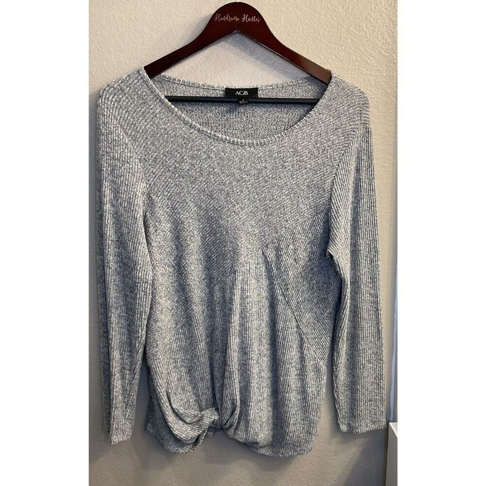 AGB Womens Gray Ribbed Knit Top Size L Long Sleeve Twist Front Casual Chic T